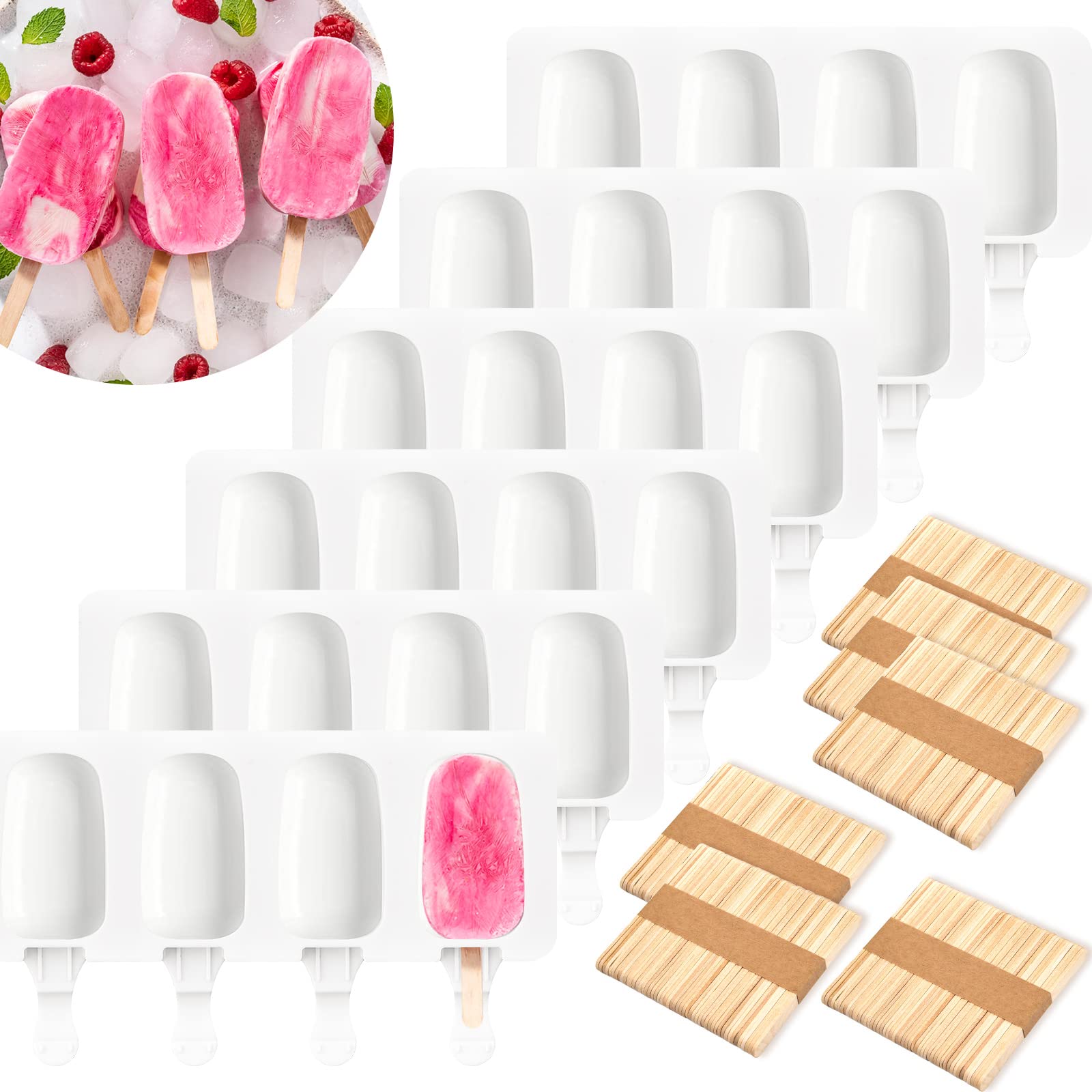 6 Set Small Silicone Popsicle Molds Ice Cream Mould 4 Cavity Ice Lolly Mold White Oval Cake Pop Mould with 300 Pieces Wooden Sticks for DIY Cream Popsicle Cake, White
