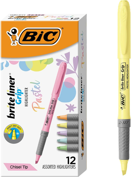 BIC Brite Liner Grip Pastel Highlighter Set, Chisel Tip, 12-Count Pack of Pastel Highlighters in Assorted Colors, Cute Highlighters for Bullet Journaling, Note Taking and More