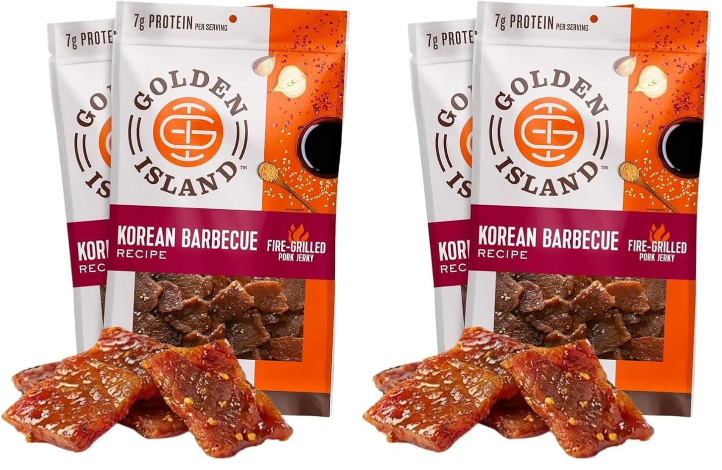 Golden Island Korean BBQ Pork Jerky - (2 Pack) 9 oz Resealable Bag - Fire-Grilled Specialty Meat Snack - Sweet & Savory Protein Snack - 7g Protein per Serving - Made with 100% All-Natural Pork