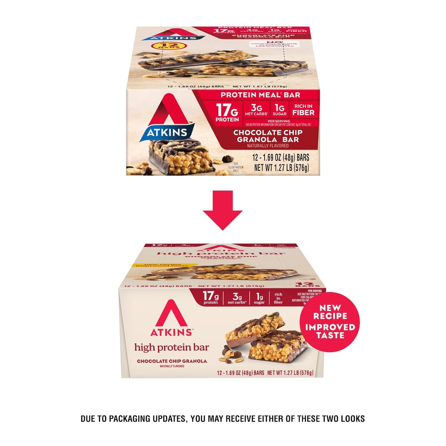 Atkins Chocolate Chip Granola Protein Bar, High Fiber, Low Sugar, 17g Protein, 3g Net Carb, High Protein Bars, Keto Friendly, 12 Count