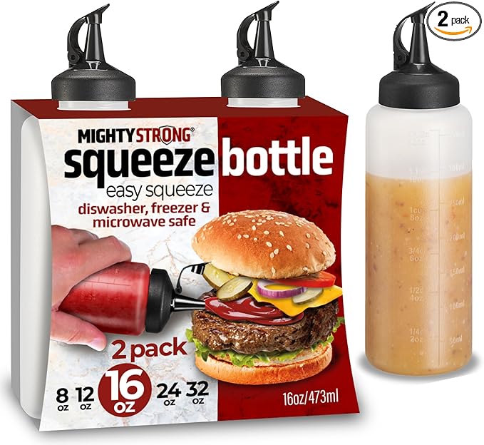 Condiment Squeeze Bottles for Sauces and Liquids – 16 oz Plastic Refillable Squirt Bottles for Ketchup, Oils, and Condiments – Multipurpose Condiment Containers for Kitchen, BBQ & Cooking - 2 Pack