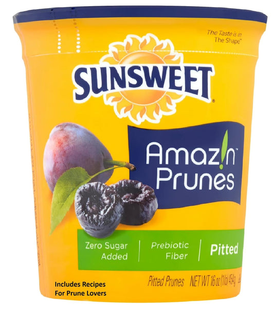 Sunsweet Prunes, Pitted Prunes Bundle, ONE 16 oz Canister of Dried Plums Plus "General Zhing's Recipes For Prune Lovers" - GREAT VALUE