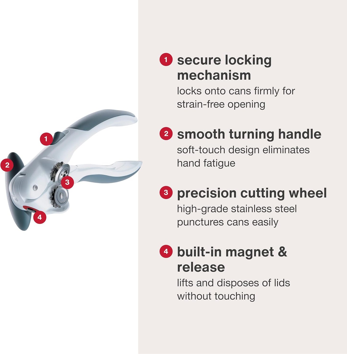 Zyliss Lock N' Lift Can Opener with Lid Lifter Magnet - Manual Opener with Locking Mechanism - Easy-to-Turn - Magnetic Can Opener - White/Gray