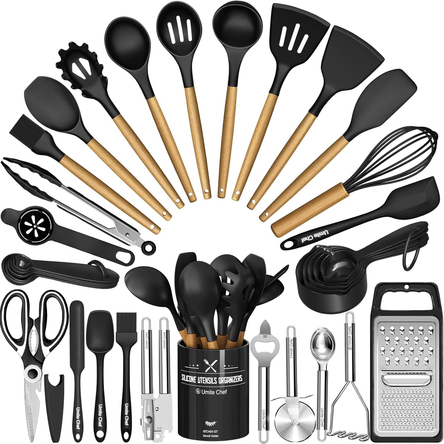 Assorted kitchen utensils including spatulas, spoons, and a grater on a white background.