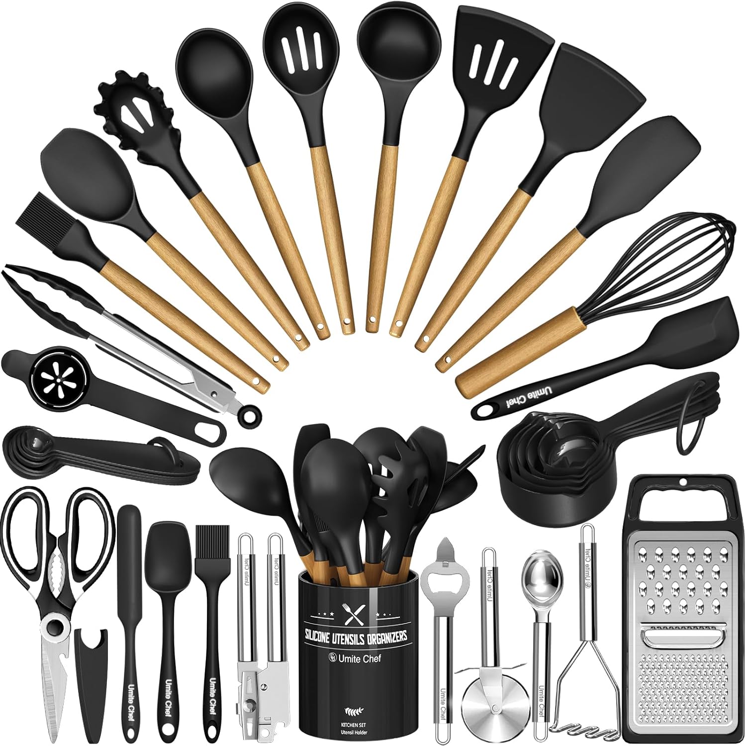 Assorted kitchen utensils including spatulas, spoons, and a grater on a white background.