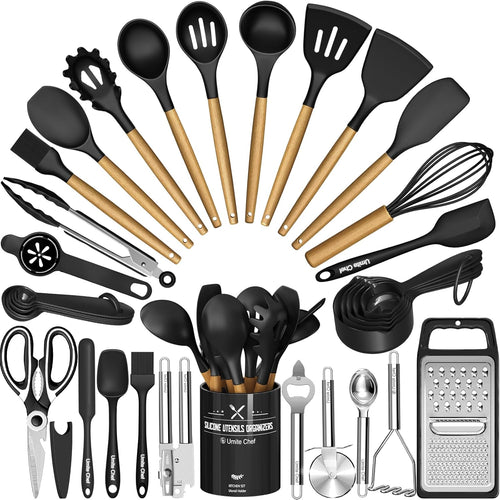 Assorted kitchen utensils including spatulas, spoons, and a grater on a white background.