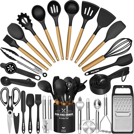 Assorted kitchen utensils including spatulas, spoons, and a grater on a white background.