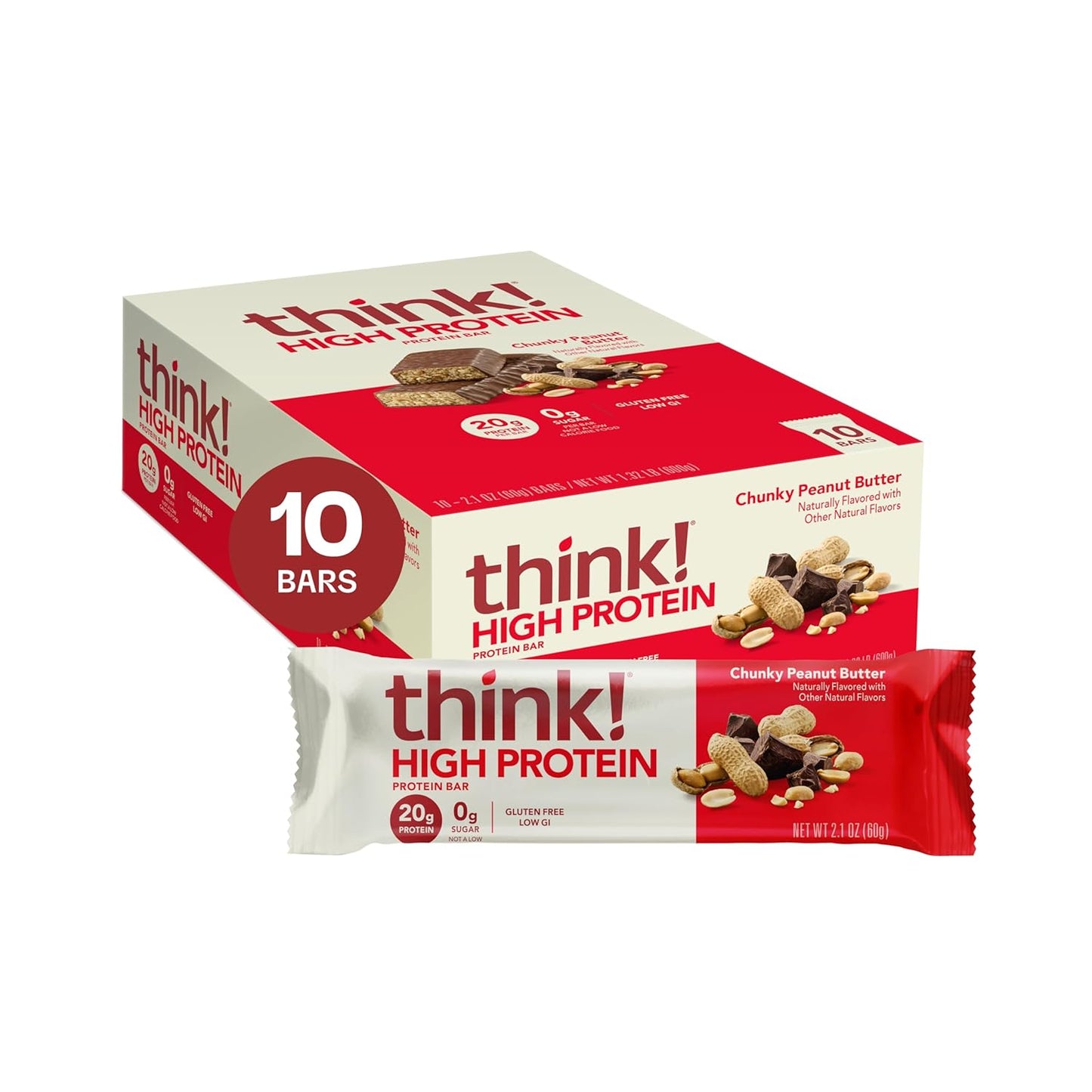 think! Protein Bars, High Protein Snacks, Gluten Free, Kosher Friendly, Creamy Peanut Butter, Nutrition Bars, 2.1 Oz per Bar, 12 Count (Packaging May Vary)