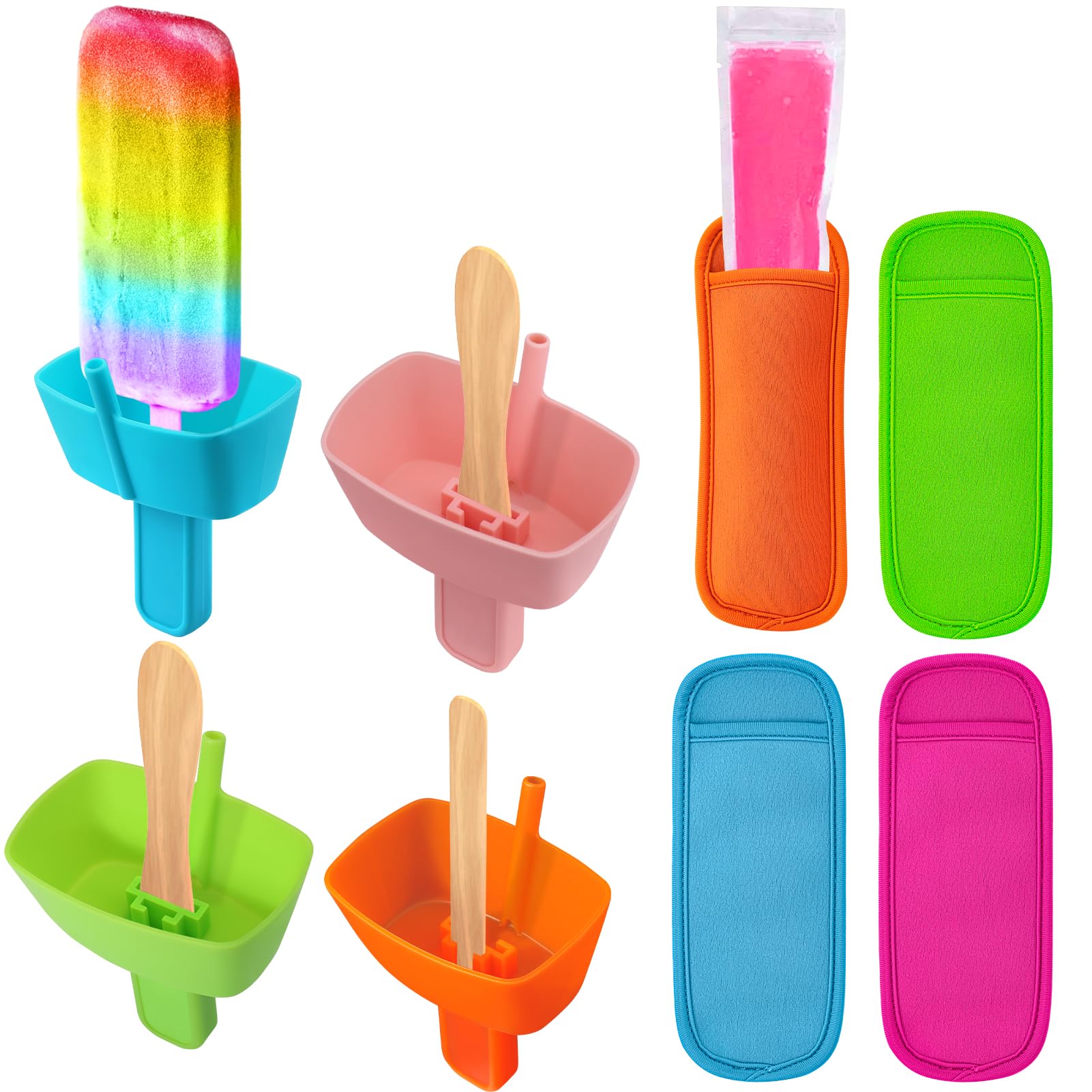 AIERSA 8pcs Popsicle Holders and Ice Pop Sleeves Set for kids No Drip, Silicone Popsicle Holder with Straw and Reusable Neopreneee Freeze Popsicle Sleeves for Toddlers Mess Free, No Freezing Hands