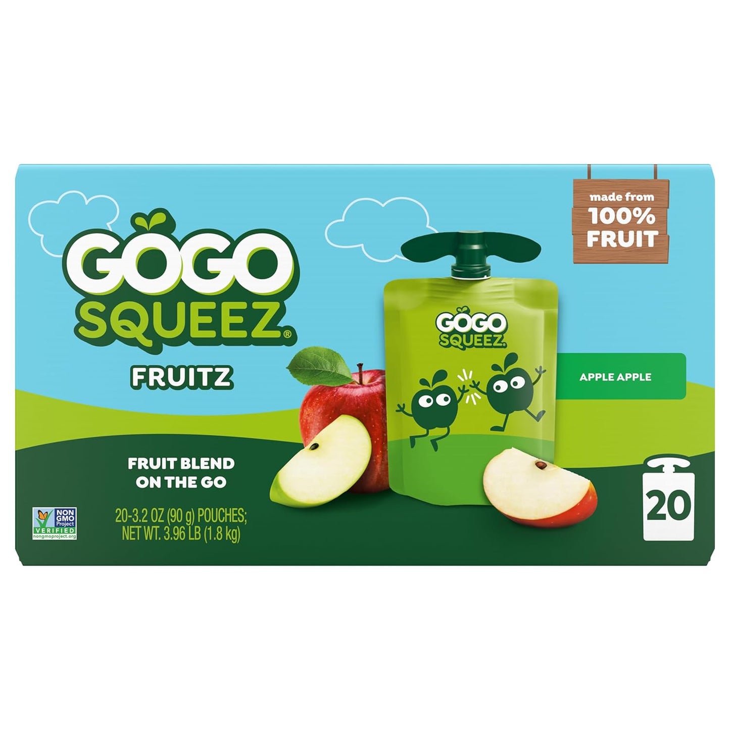 gogo squeeZ fruit on the go, apple apple, 3.2 oz, unsweetened, gluten free, nut free, recloseable, bpa free, pack of 20