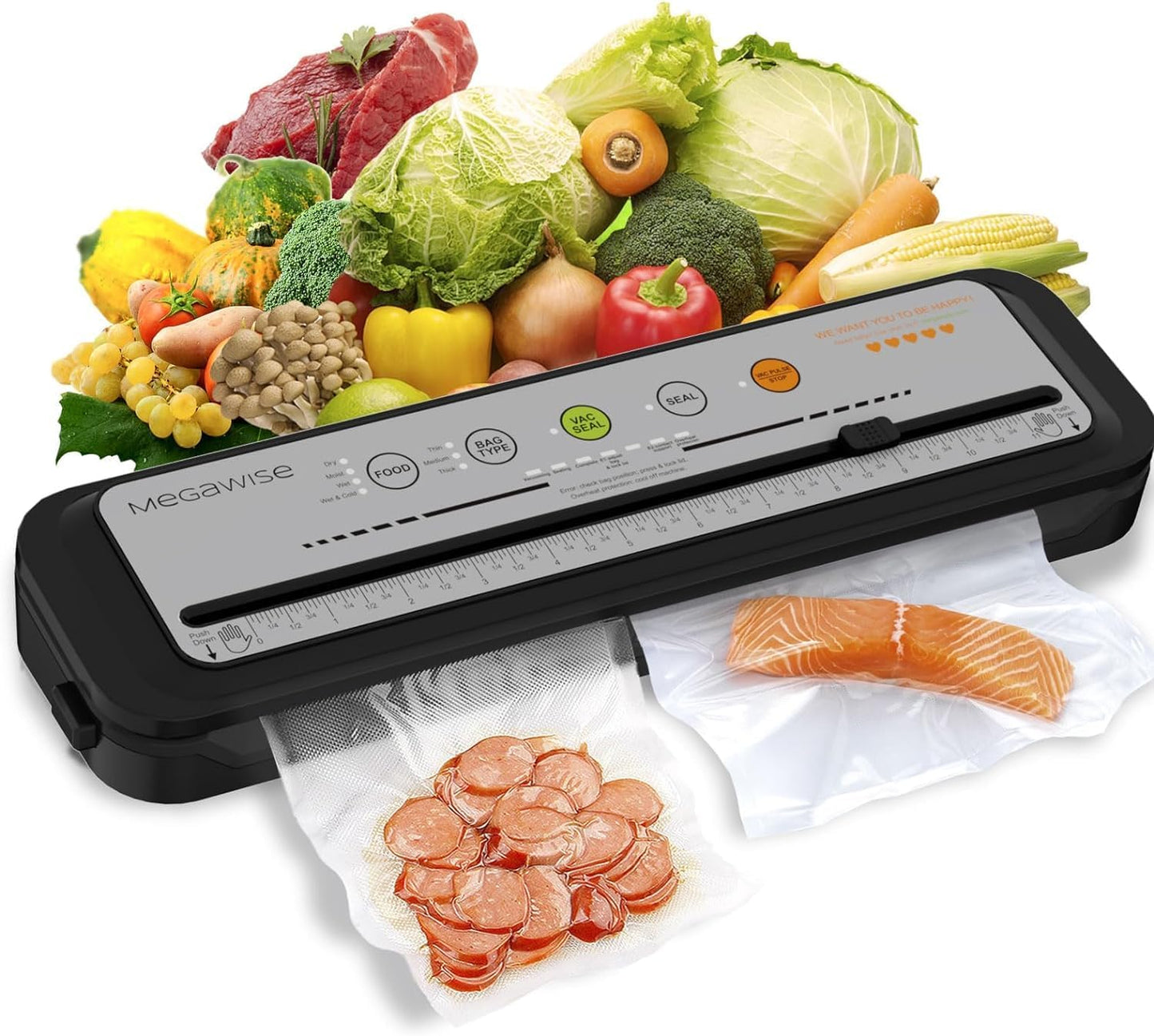 MegaWise Vacuum Sealer Machine | 80kPa Suction Power| Bags and Cutter Included | Compact One-Touch Automatic Food Sealer with External Vacuum System | Dry Moist Fresh Modes for All Saving needs