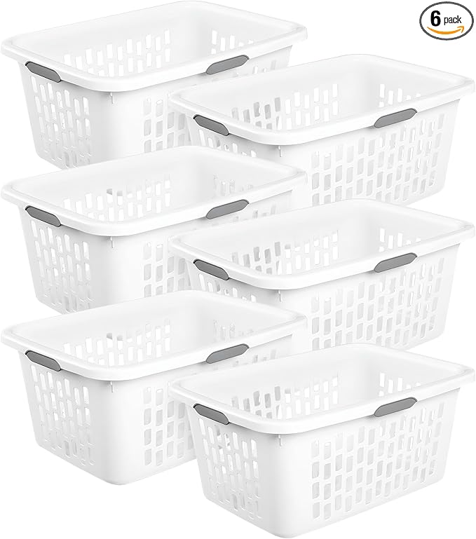 Sterilite Laundry Basket, Plastic Clothes Hamper, Large Rectangle Bin with Comfort Grip Handles and Reinforced Rim, 2 Bushel Capacity, White, 6 Pack