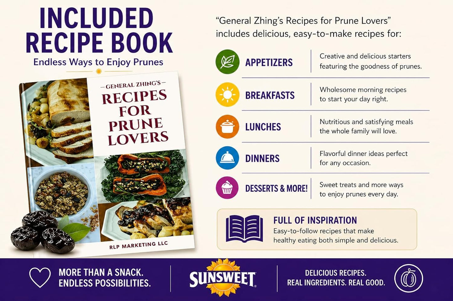 Sunsweet Prunes, Pitted Prunes Bundle, ONE 16 oz Canister of Dried Plums Plus "General Zhing's Recipes For Prune Lovers" - GREAT VALUE