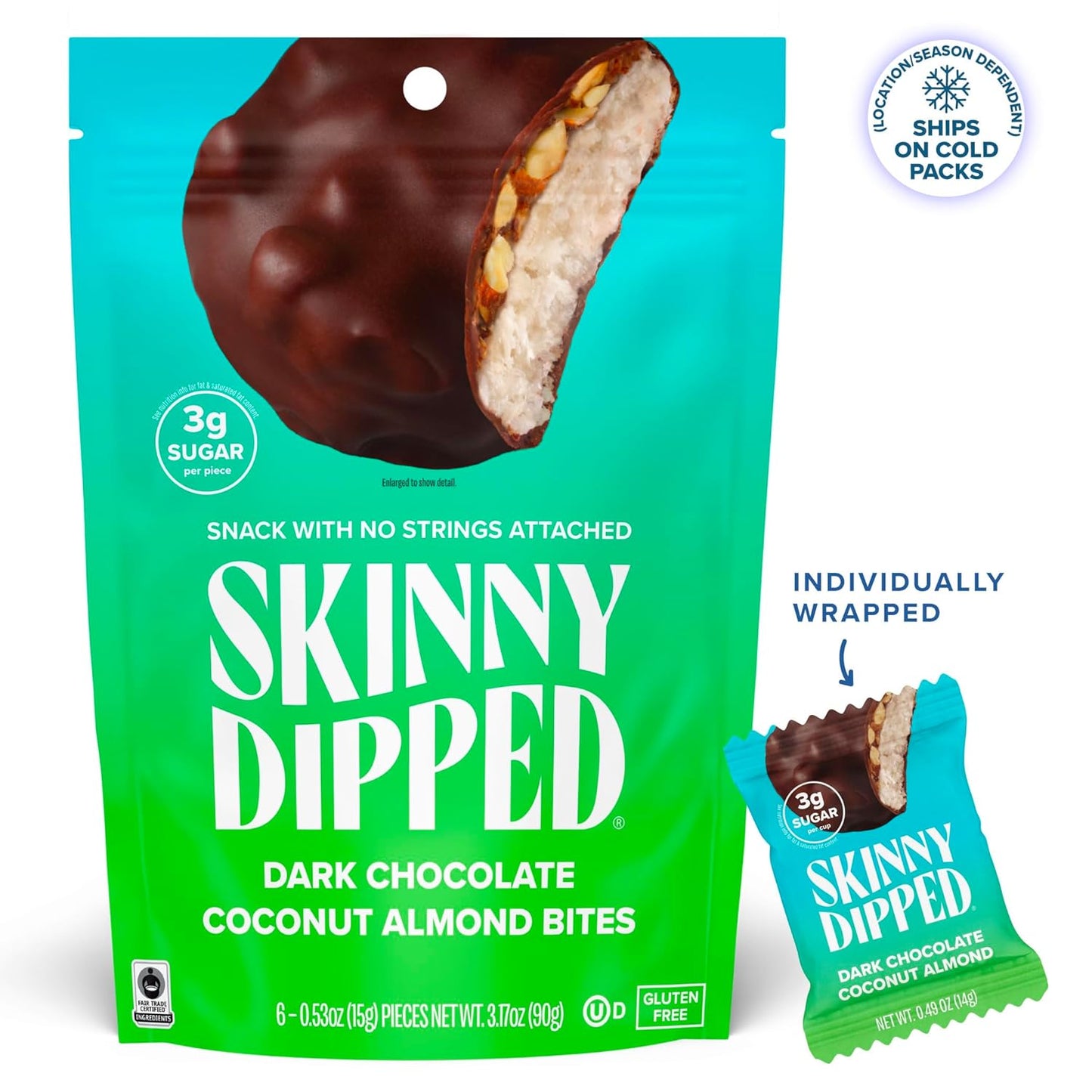 SkinnyDipped Dark Chocolate Coconut Almond Bites, Low Sugar Chocolate Coconut Bar, 3.17oz Resealable Bags, Pack of 4 (24 Bites Total)