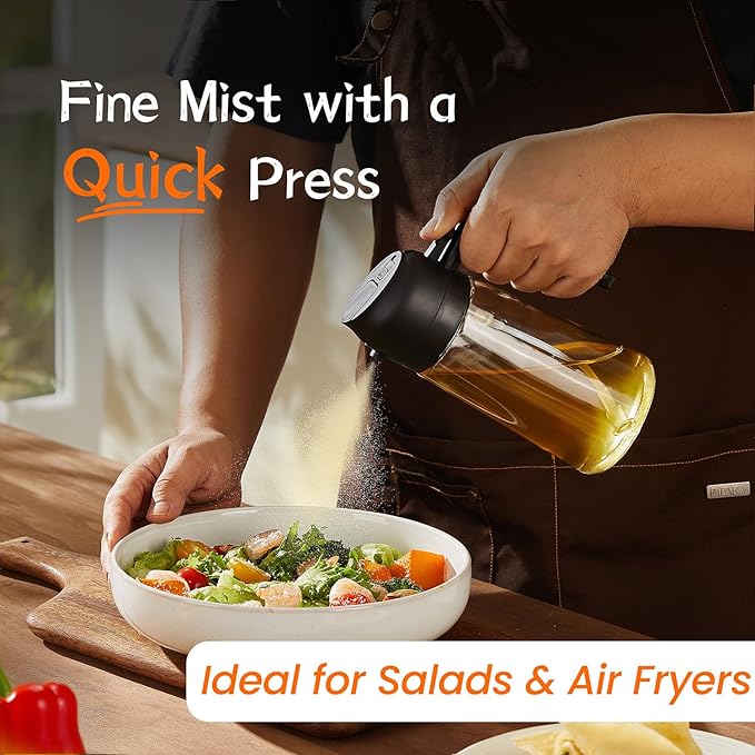 TrendPlain 16oz/470ml Glass Olive Oil Sprayer for Cooking – 2 in 1 Olive Oil Dispenser Bottle for Kitchen Gadgets and Air Fryer Accessories, Salad, BBQ - Black