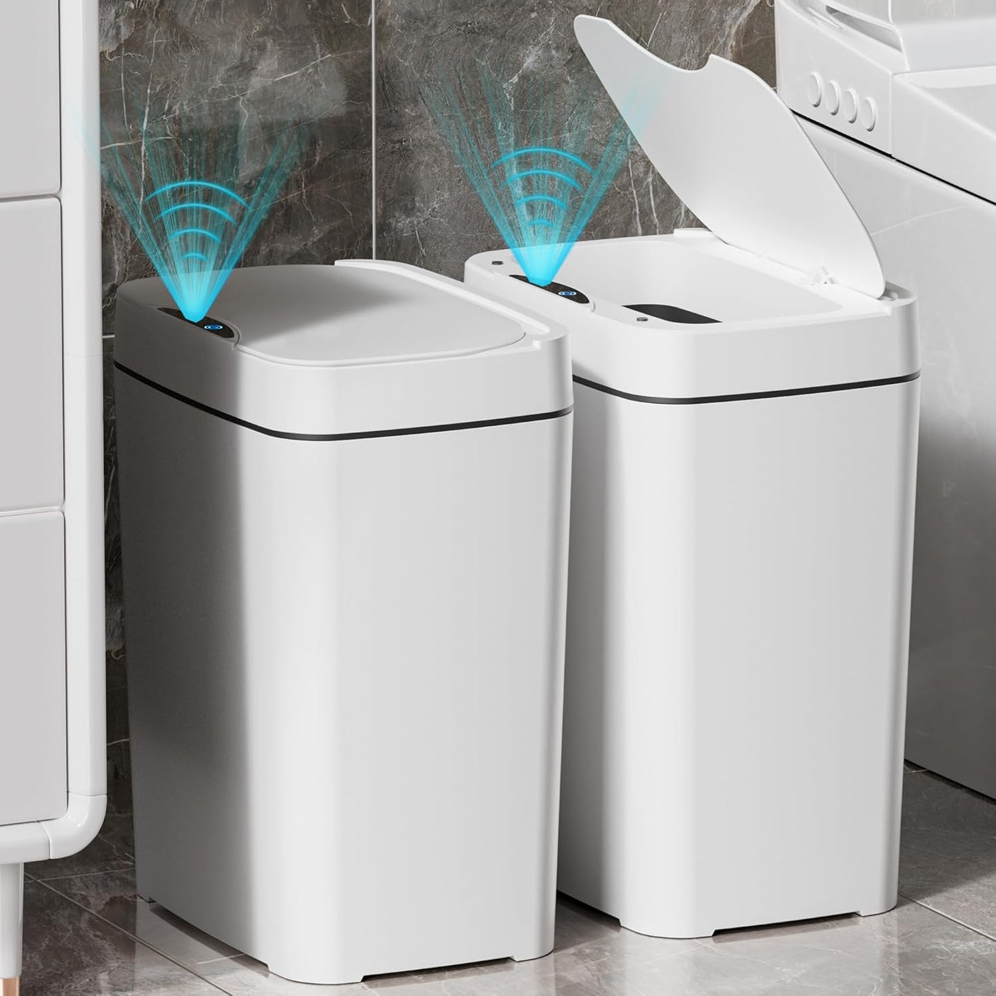 2 Pack 2.7 Gal Bathroom Trash Can with Lid, Automatic Trash Can Small Smart Garbage Can Touchless, Slim Motion Sensor Waterproof Plastic Trash Bins for Bedroom Office Kitchen Toilet