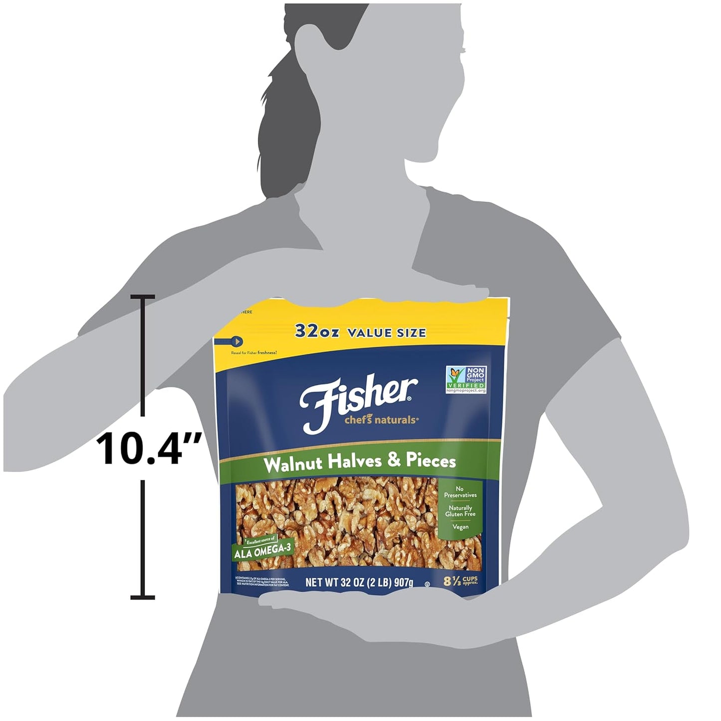 Fisher Chef's Naturals 2 lb unsalted walnuts for baking, cooking, and healthy snacks, resealable bag, vegan protein, keto snack, chopped nuts