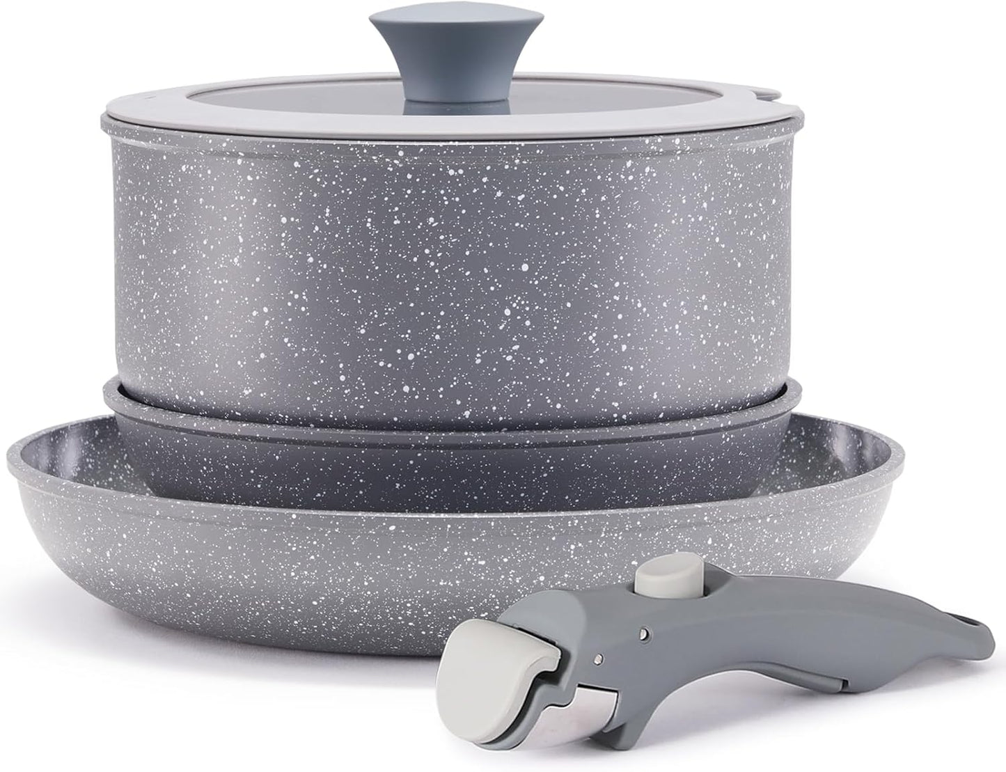 Gray Non Stick Pot and Pan Set with Removable Handle, Ceramic Cookware Set Detachable Handle, 5pcs Induction Kitchen Camping Stackable Pots Pans, Dishwasher/Oven Safe, PTFE/PFAS/PFOA Free