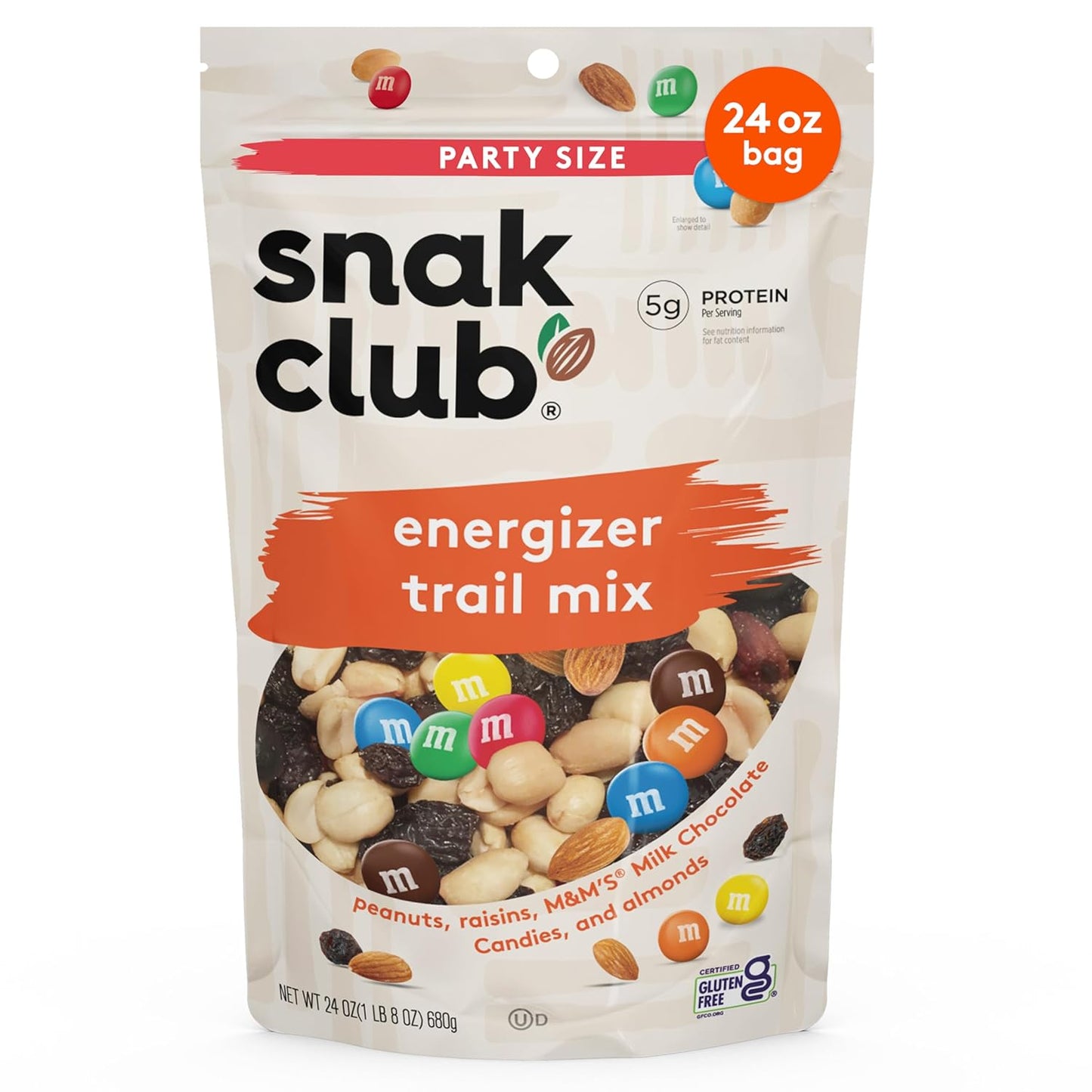 Snak Club Sweet and Salty Trail Mix with Peanuts, Butter Toffee Peanuts, M&M'S Chocolate Candies, Toasted Corn, Honey Sesame Sticks, and Almonds, Kosher Snack, 24 oz Resealable Bag