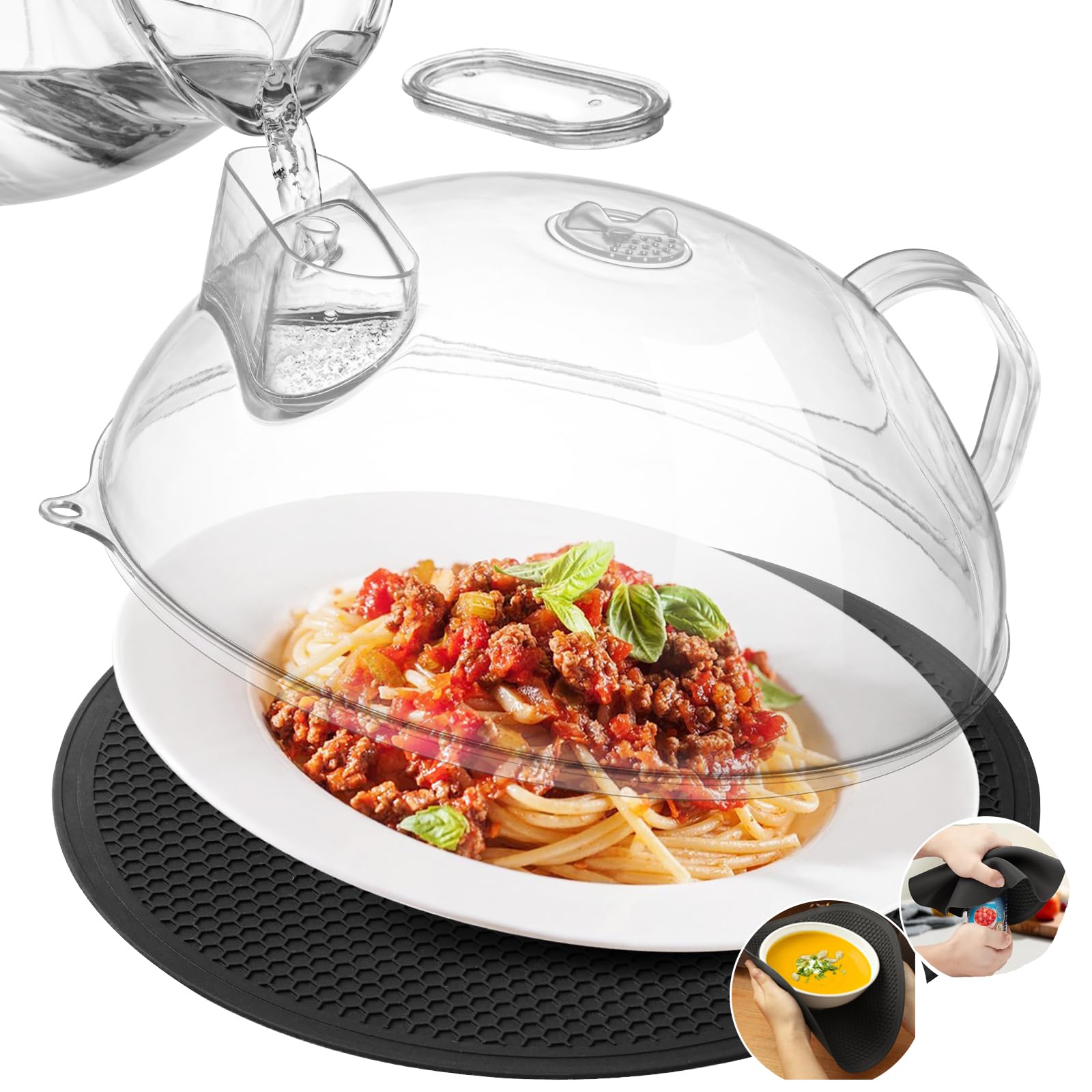 Microwave Splatter Cover for Food, Clear Microwave Lid with Water Steamer, Integrated Handle, Splatter Guard, 10” Plate Covers & 12" Mat, BPA-Free, Essential Kitchen Gadgets and Accessories