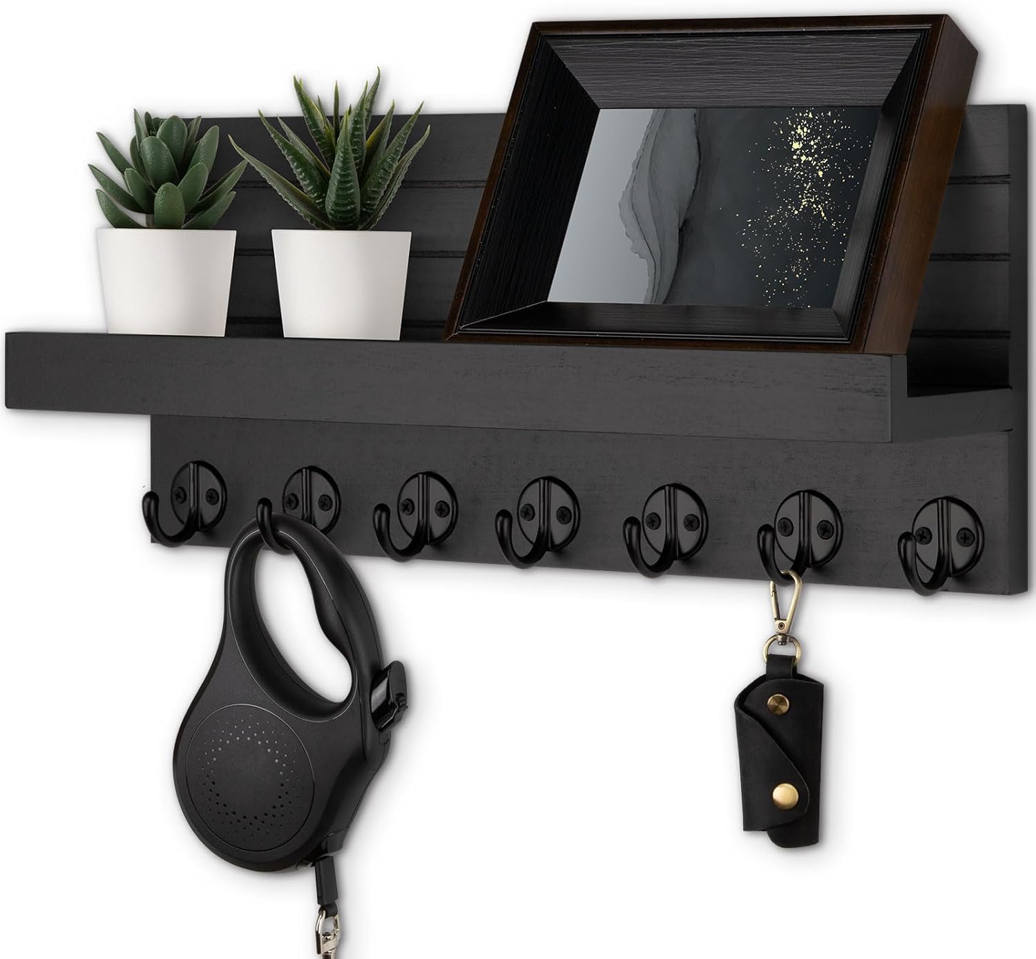 Key Holder Wall Mount, Entryway Key and Mail Holder with 7 Sturdy Hooks for Sunglasses, Dog Leash, Decorative Wall Shelf with Mounting Hardware, 15”W x 6.7”H x 4.2”D