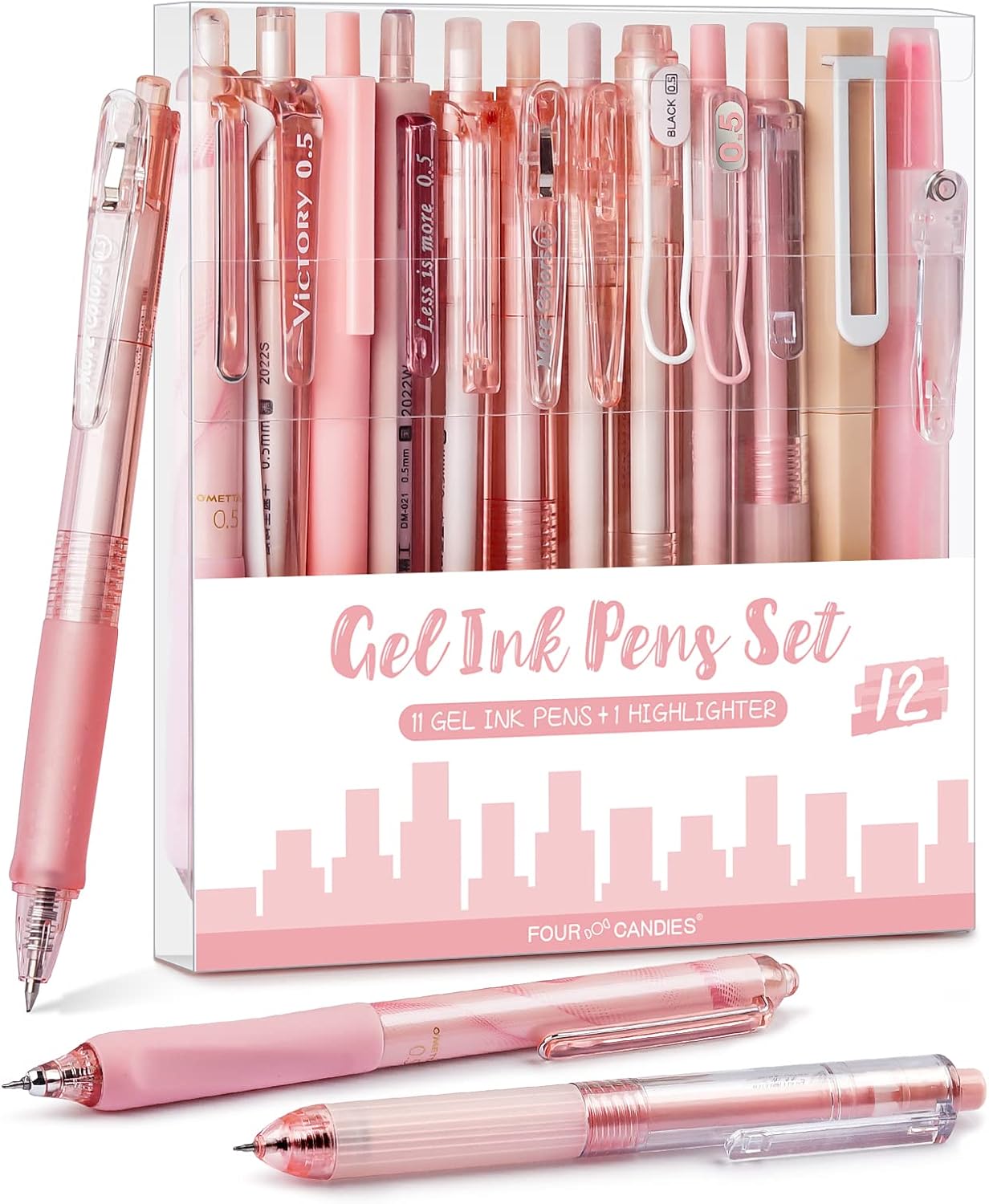 Four Candies Rose Series Gel Pens, Cute Writing Pens with Black & Pink Ink, 0.5 mm Smooth Fine Point, School Office Supplies Girly Stationery Aesthetic Desk Accessories for Women, Set of 12