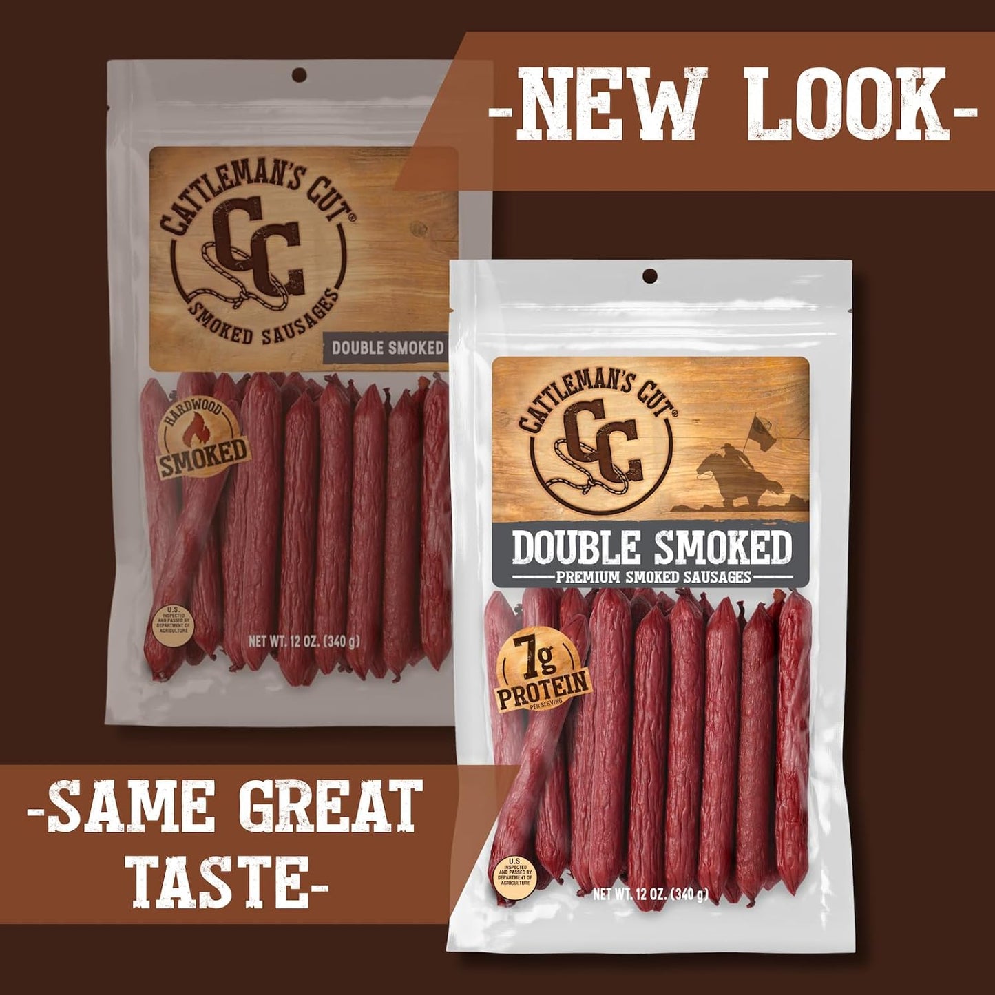 Cattleman's Cut Double Smoked Sausages Meat Sticks, Premium Protein Snacks, Keto Friendly, Gluten Free, Carnivore Travel Snack, Resealable Bag, 12 Ounce