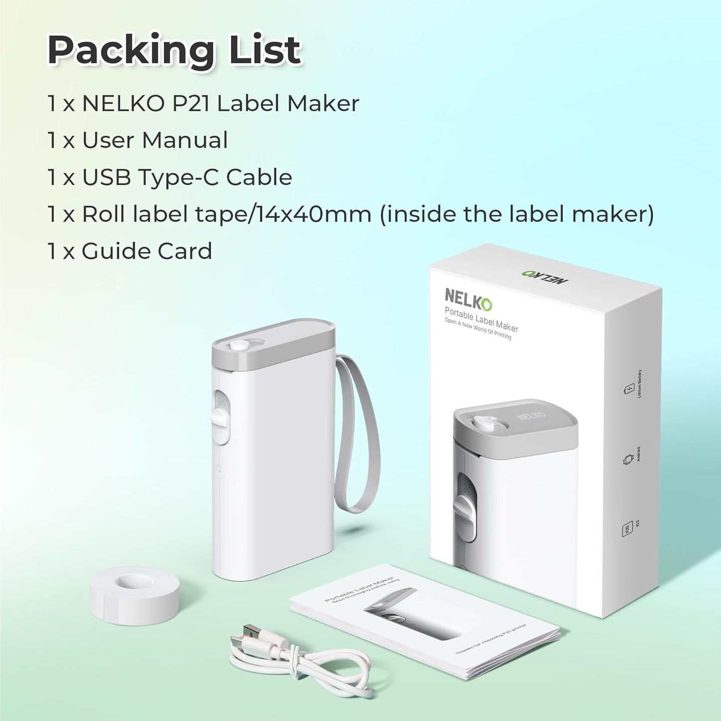 Nelko Label Maker Machine with Tape, P21 Bluetooth Label Printer, Wireless Mini Label Makers with Multiple Templates for Organizing Office Home, White