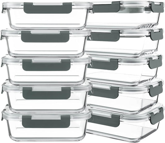 KOMUEE 10 Packs 30 oz Glass Meal Prep Containers,Glass Food Storage Containers with Lids,Airtight Lunch Bento Boxes,Microwave,Freezer and Dishwasher,Gray