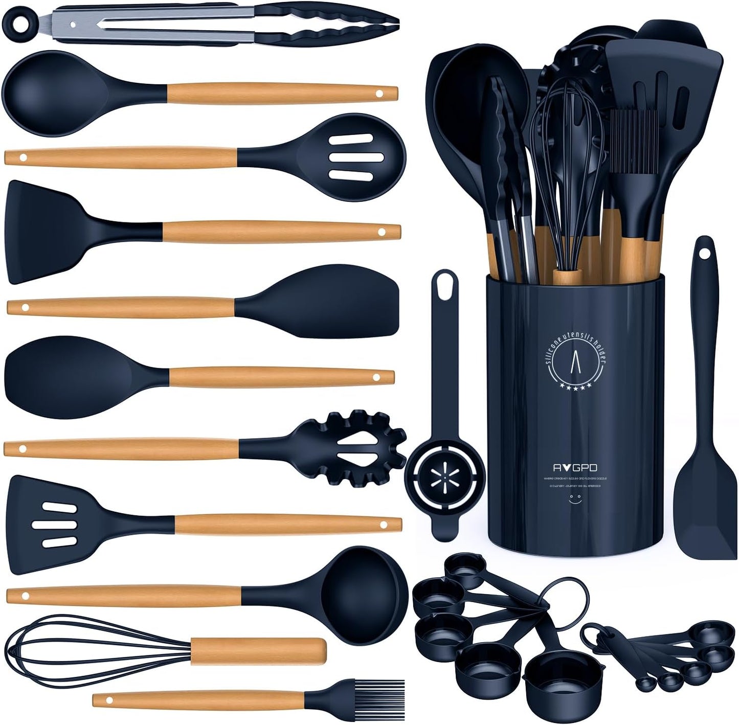 AVGPD Silicone Cooking Utensils Set with Wooden Handles – BPA‑Free