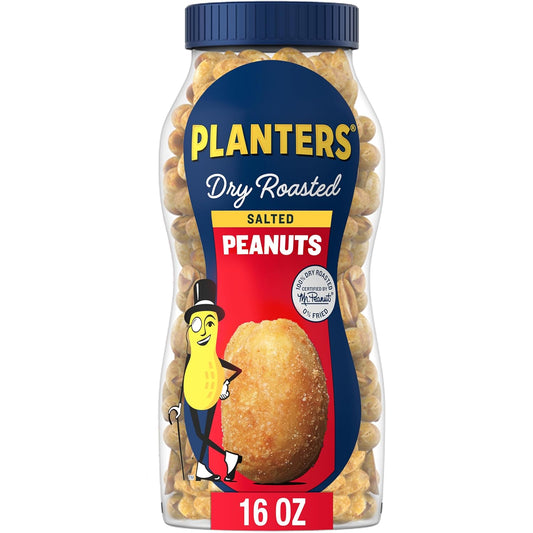 Planters salted peanuts, 16oz dry roasted party snacks with plant-based protein, 1 jar