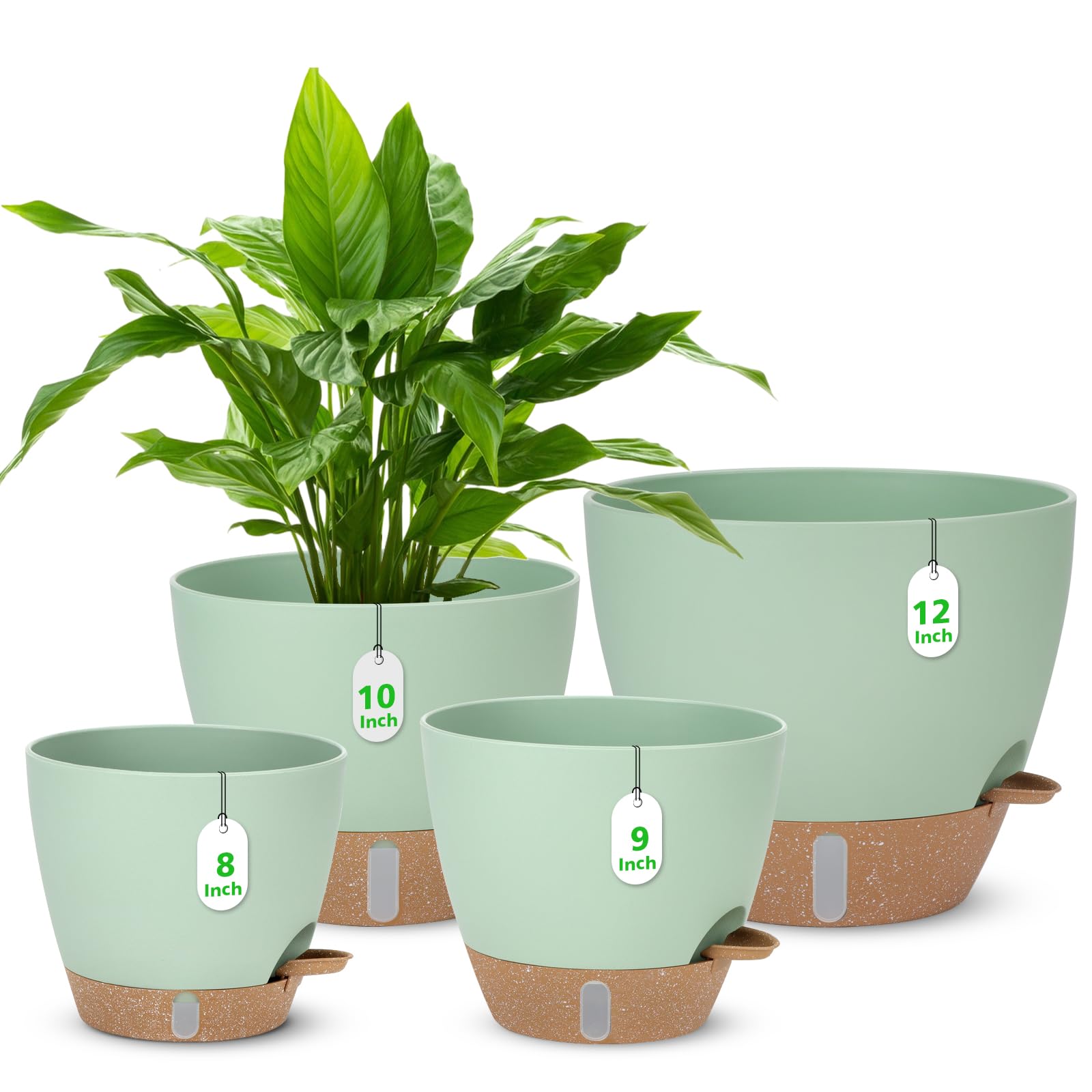 12" 10" 9" 8" Self Watering Pots with Water Level Indicator, Large Plastic Planters Set with Mesh Drainage Hole and Removable Saucer Reservoir, Big Flower Pot for Indoor Outdoor Plants (Green)