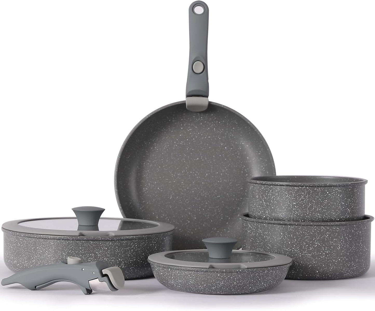 Gray Non Stick Pot and Pan Set with Removable Handle, Ceramic Cookware Set Detachable Handle, 5pcs Induction Kitchen Camping Stackable Pots Pans, Dishwasher/Oven Safe, PTFE/PFAS/PFOA Free