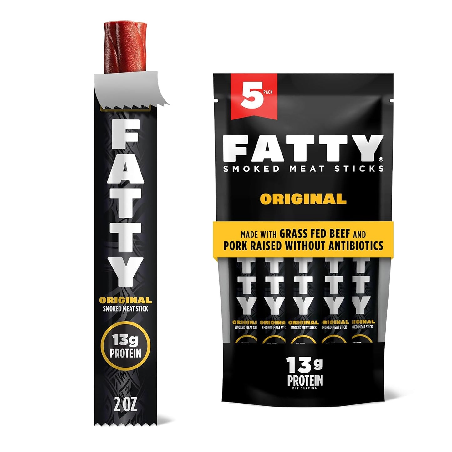 FATTY Meat Sticks, Made with Grass Fed Beef, Pork Raised Without Antibiotics, 13g Protein Per Stick, Original, 2 oz. (Pack of 5)