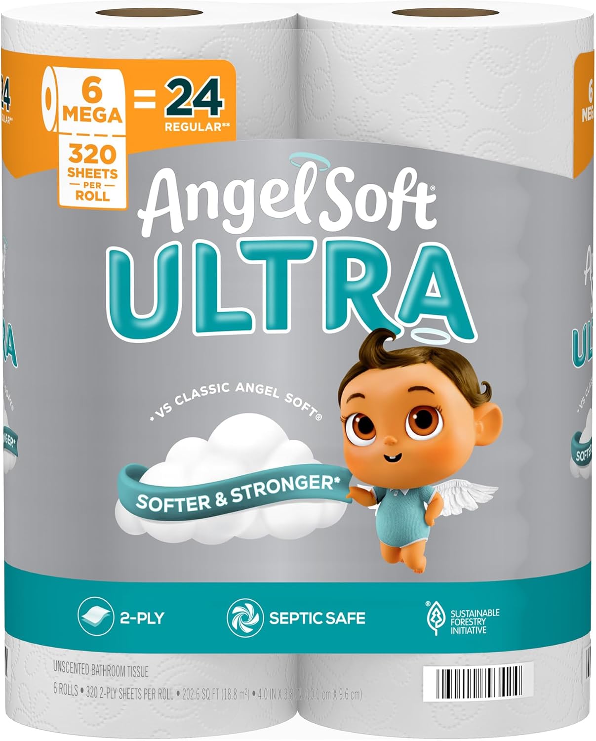 Angel Soft Ultra Toilet Paper, 6 Mega Rolls = 24 Regular Rolls, 2 Ply Toilet Tissue
