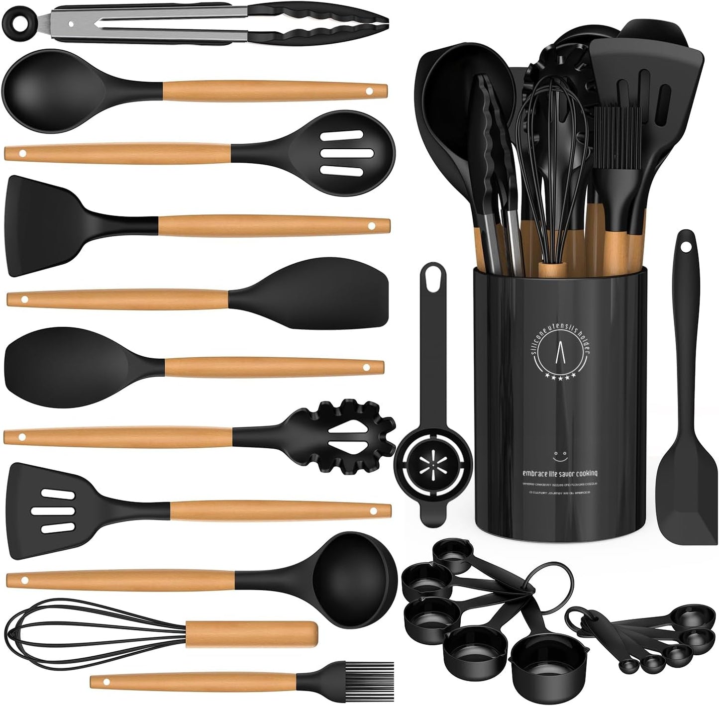 Set of kitchen utensils including spatulas, spoons, and measuring cups with a black container on a white background.