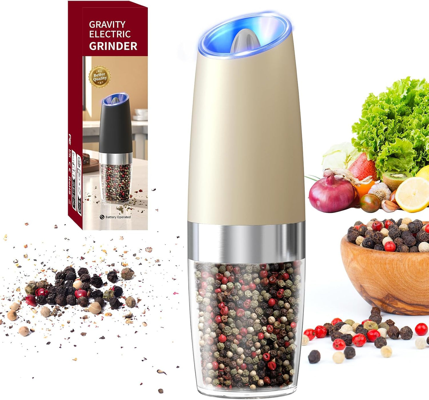 CIRCLE JOY Gravity Electric Salt and Pepper Grinder Set Automatic Salt and Pepper Grinder Set with LED Light, Battery Operated, Adjustable Coarseness, Large Capacity, for Home Kitchen BBQ