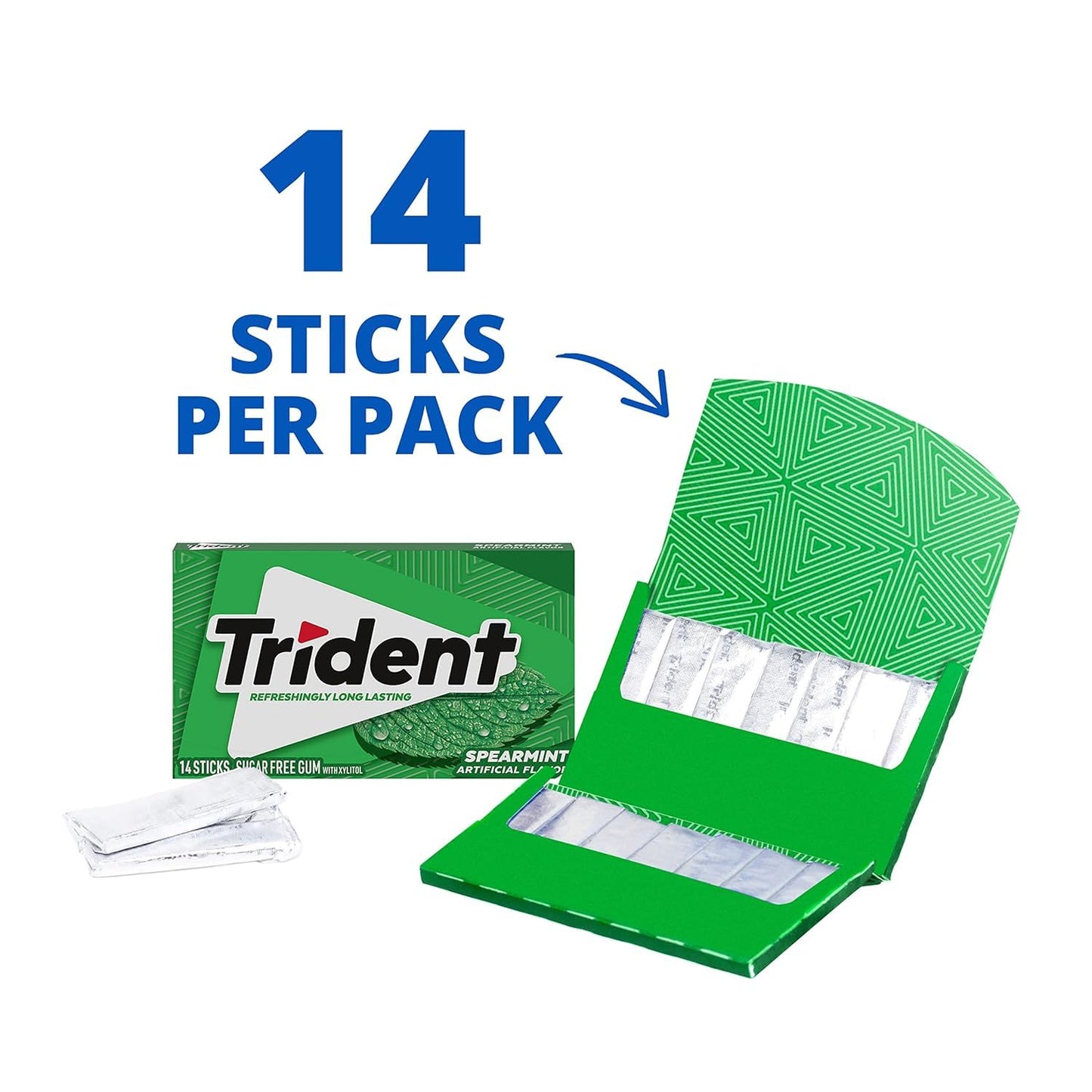 trident spearmint sugar-free chewing gum, 12 packs of 14 pieces, 168 total pieces, bulk sugarless gum