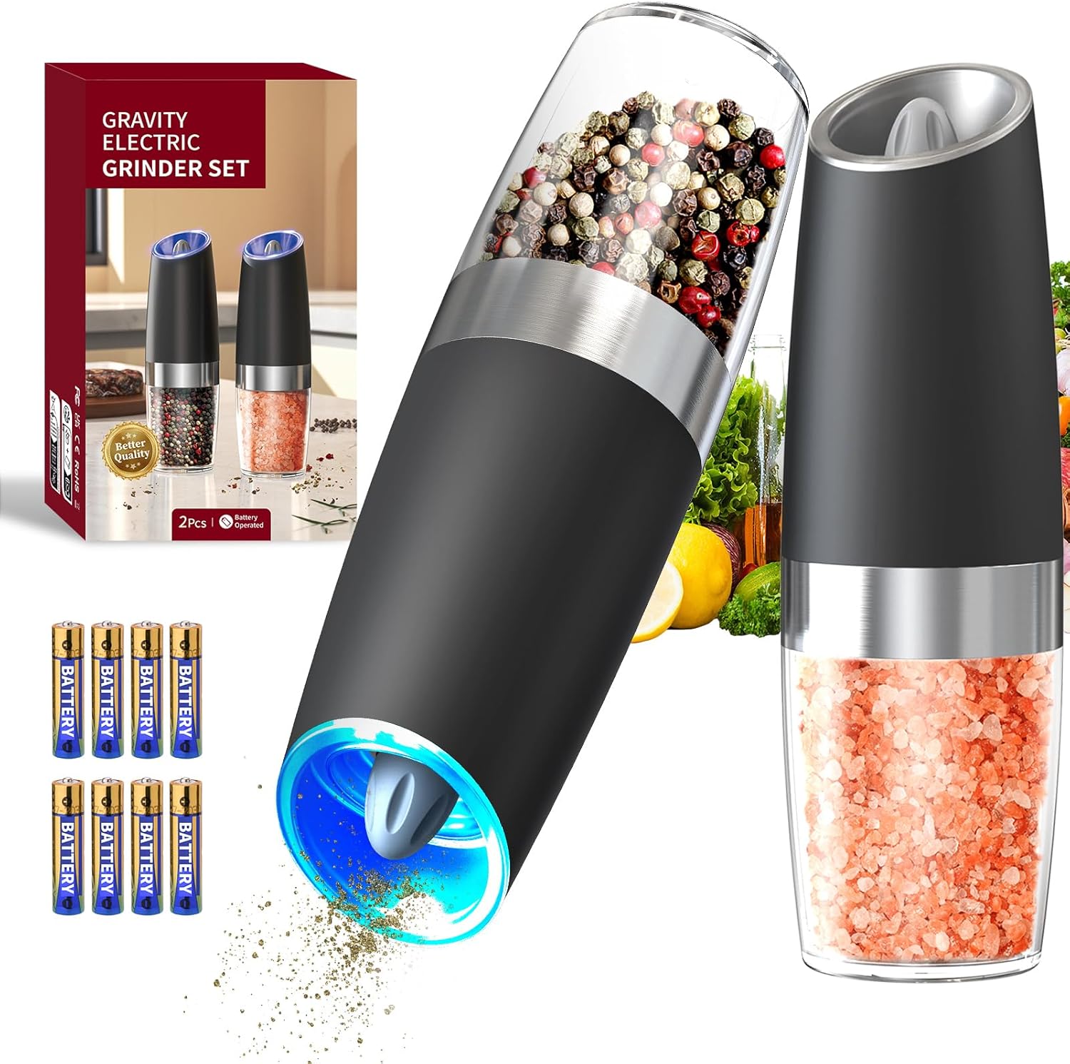 Gravity electric grinder set with batteries on a white background