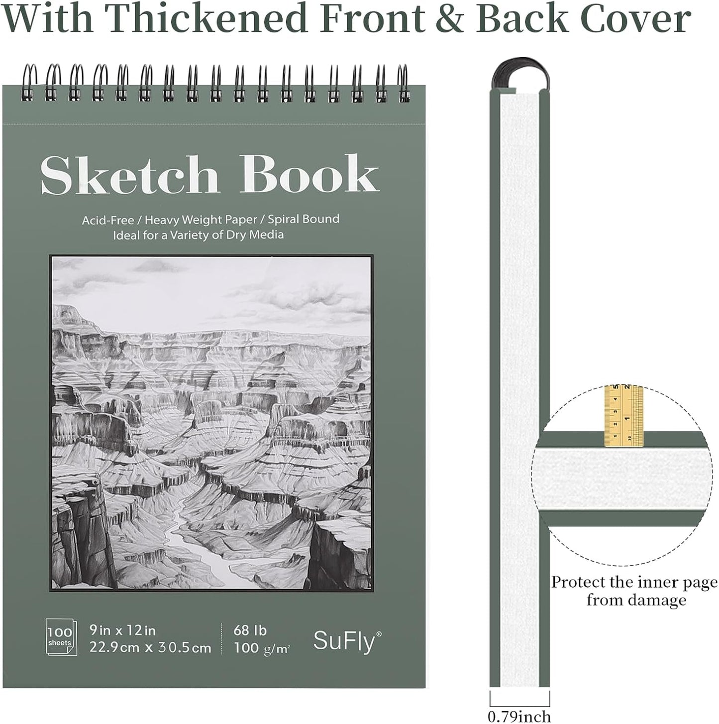 SuFly Sketch Book 9x12, Drawing Paper Pad-68lb/100gsm, Top Spiral Sketchbook Hardcover, 100 Sheets Sketch Pad for Kids Classroom Art Supplies for Adults-Sketchpad for Drawing, Illustration & Art Stuff
