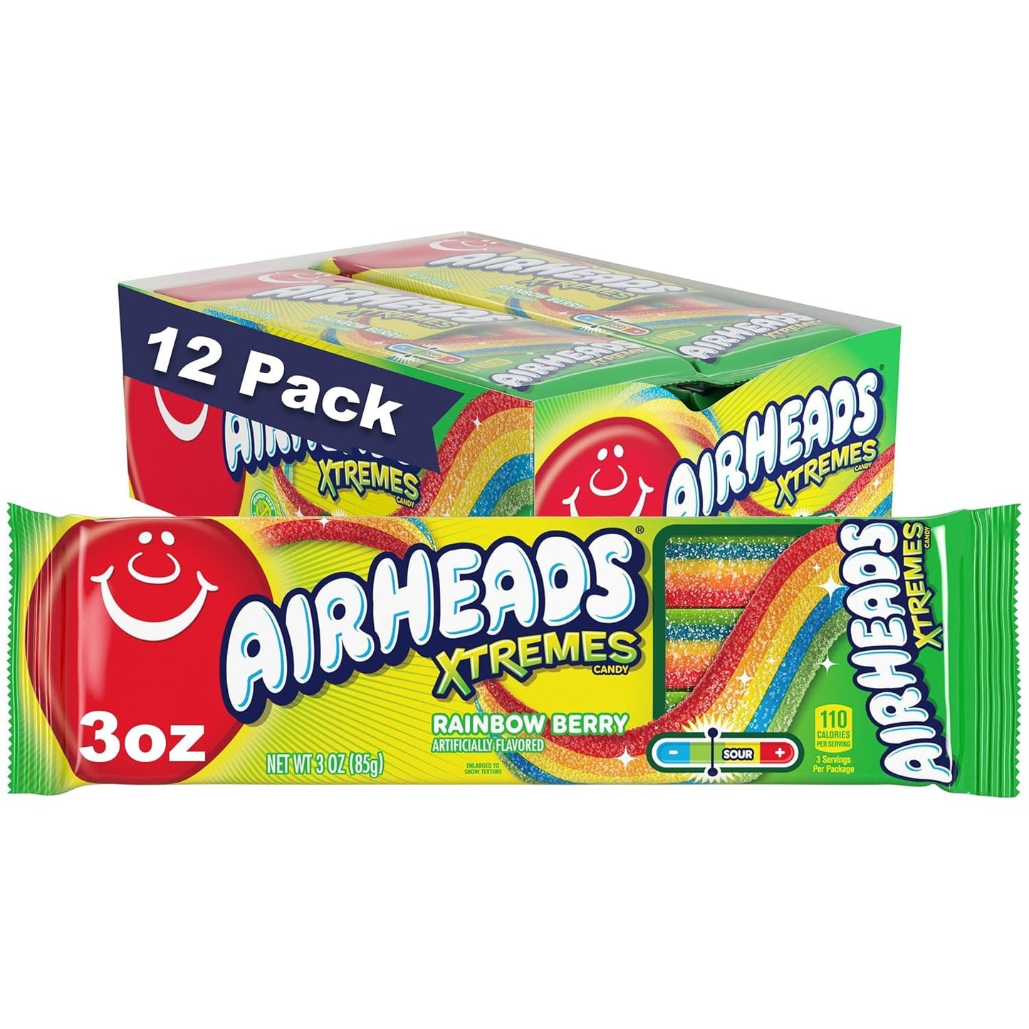 Airheads Xtremes Belts Candy, Chewy Candy Package, Rainbow Berry Fruit Flavor Artificially Flavored, 2 Ounces (18-Pack)