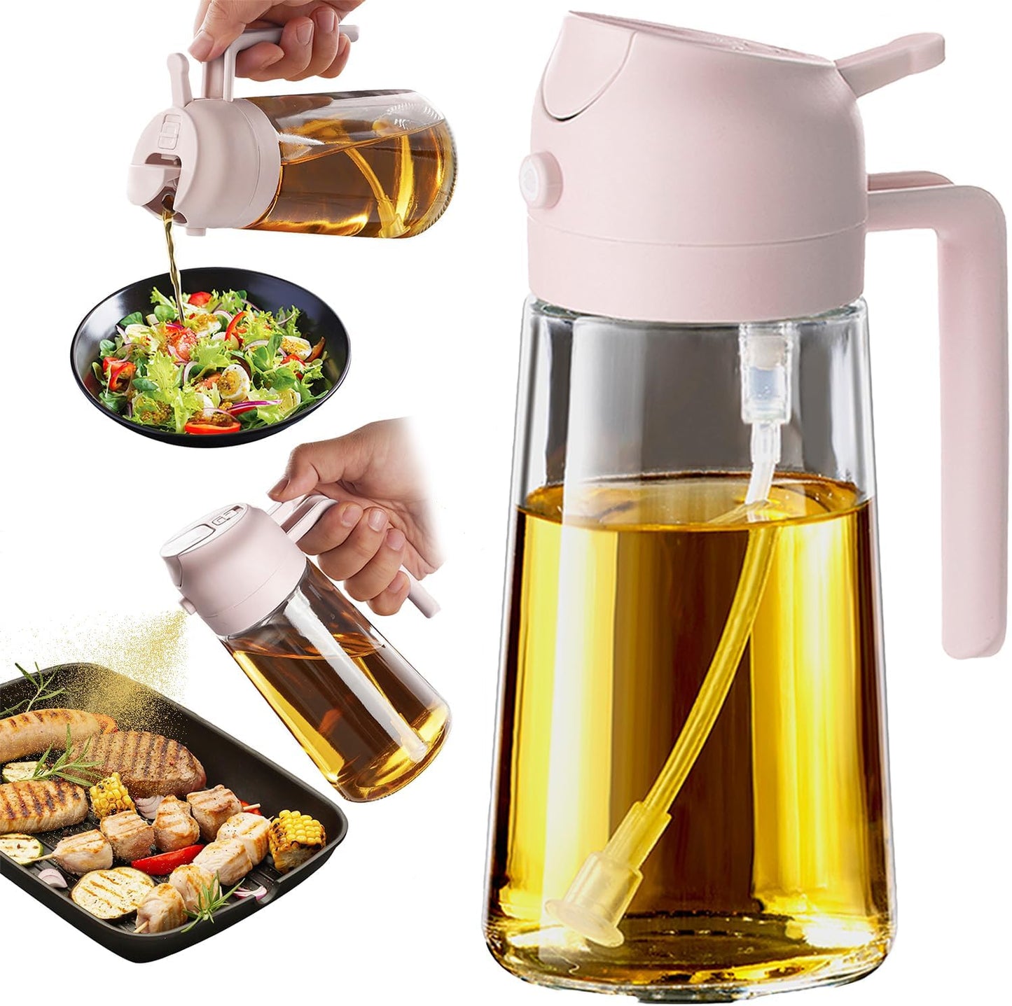 TrendPlain 16oz/470ml Glass Olive Oil Sprayer for Cooking – 2 in 1 Olive Oil Dispenser Bottle for Kitchen Gadgets and Air Fryer Accessories, Salad, BBQ - Black