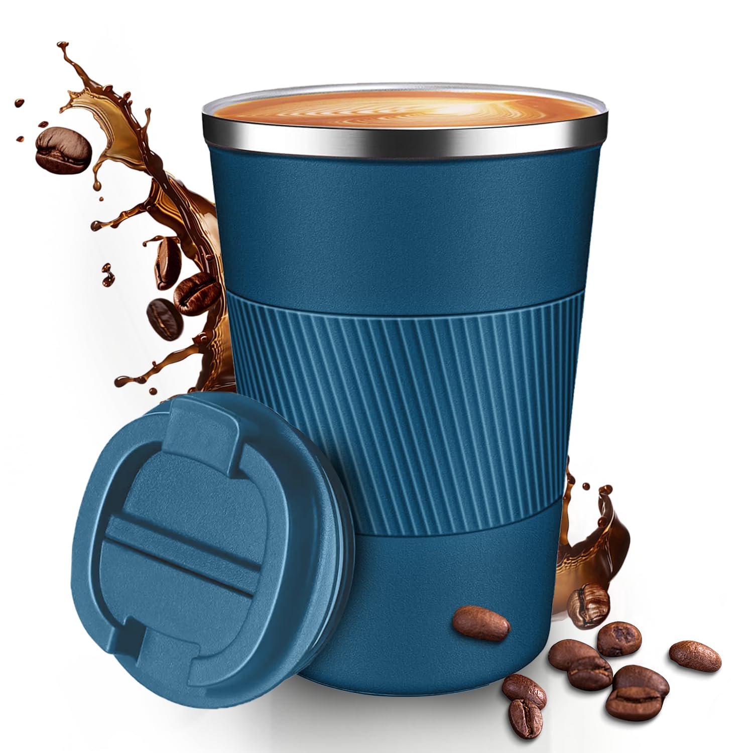 12OZ Travel Coffee Mug Insulated Coffee Cup with Spill Leak Proof Lid, Portable Stainless Steel Tumbler Reusable Hot and Cold Water Mug for Car, Daily, Camping- Blue