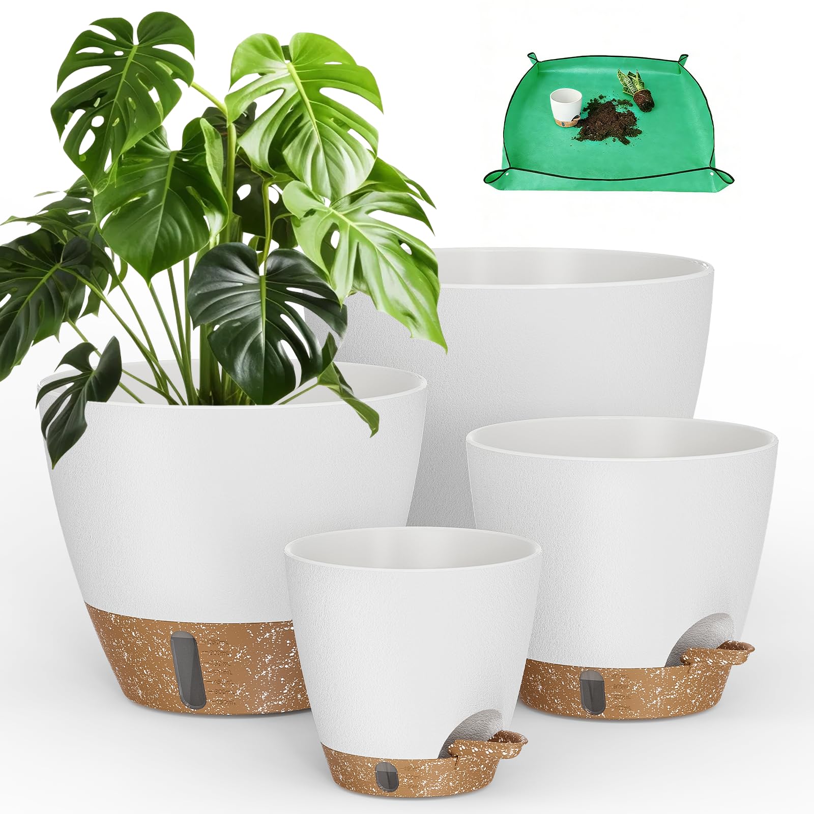 Plant Pots, 12" 10" 6" 8" Inch Self Watering Pots with Water Level Indicator, Set of 5 Flower Pots Indoor with Drainage Holes, Modern Planters for Indoor Outdoor Plants, Room & Office Décor