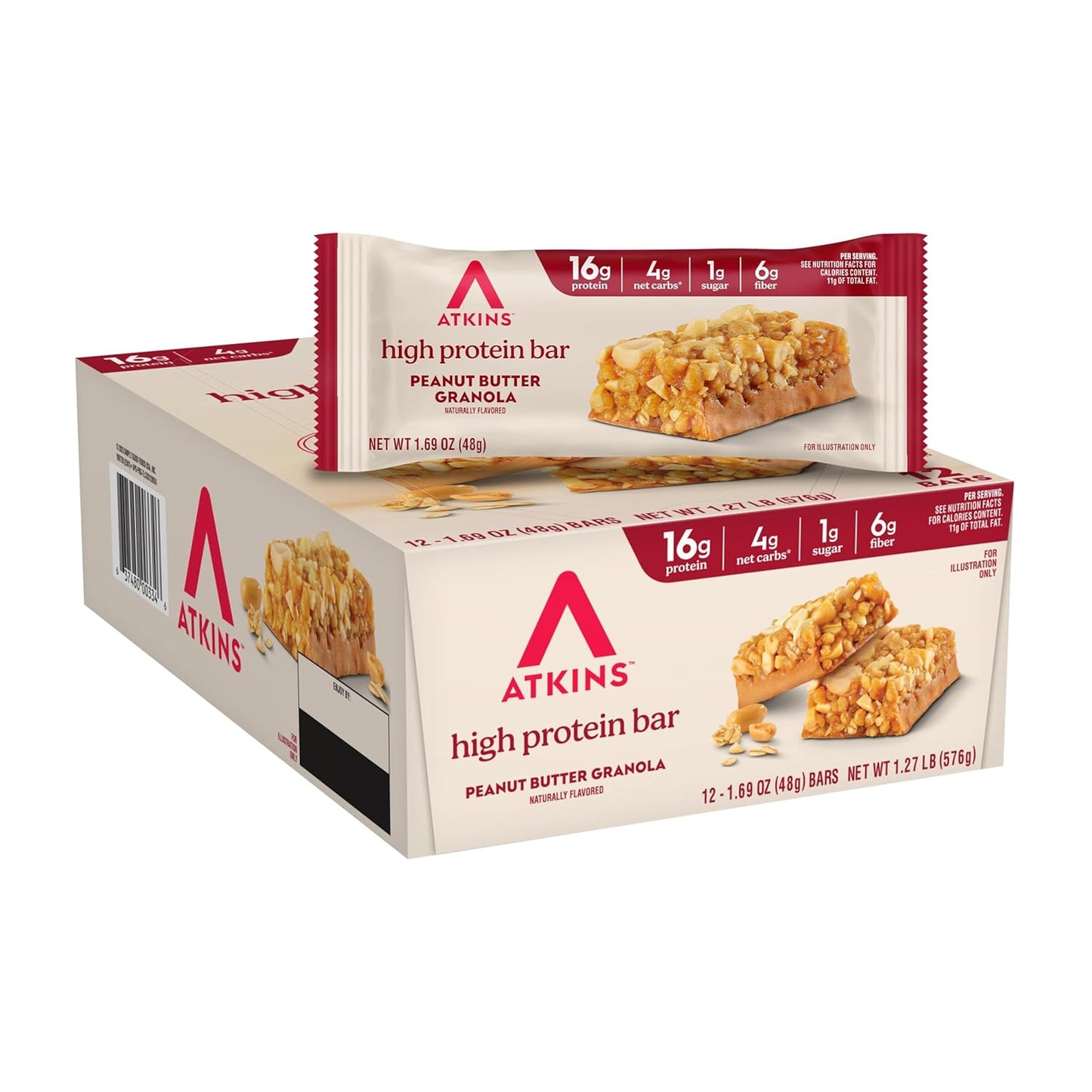 Atkins Chocolate Chip Granola Protein Bar, High Fiber, Low Sugar, 17g Protein, 3g Net Carb, High Protein Bars, Keto Friendly, 12 Count