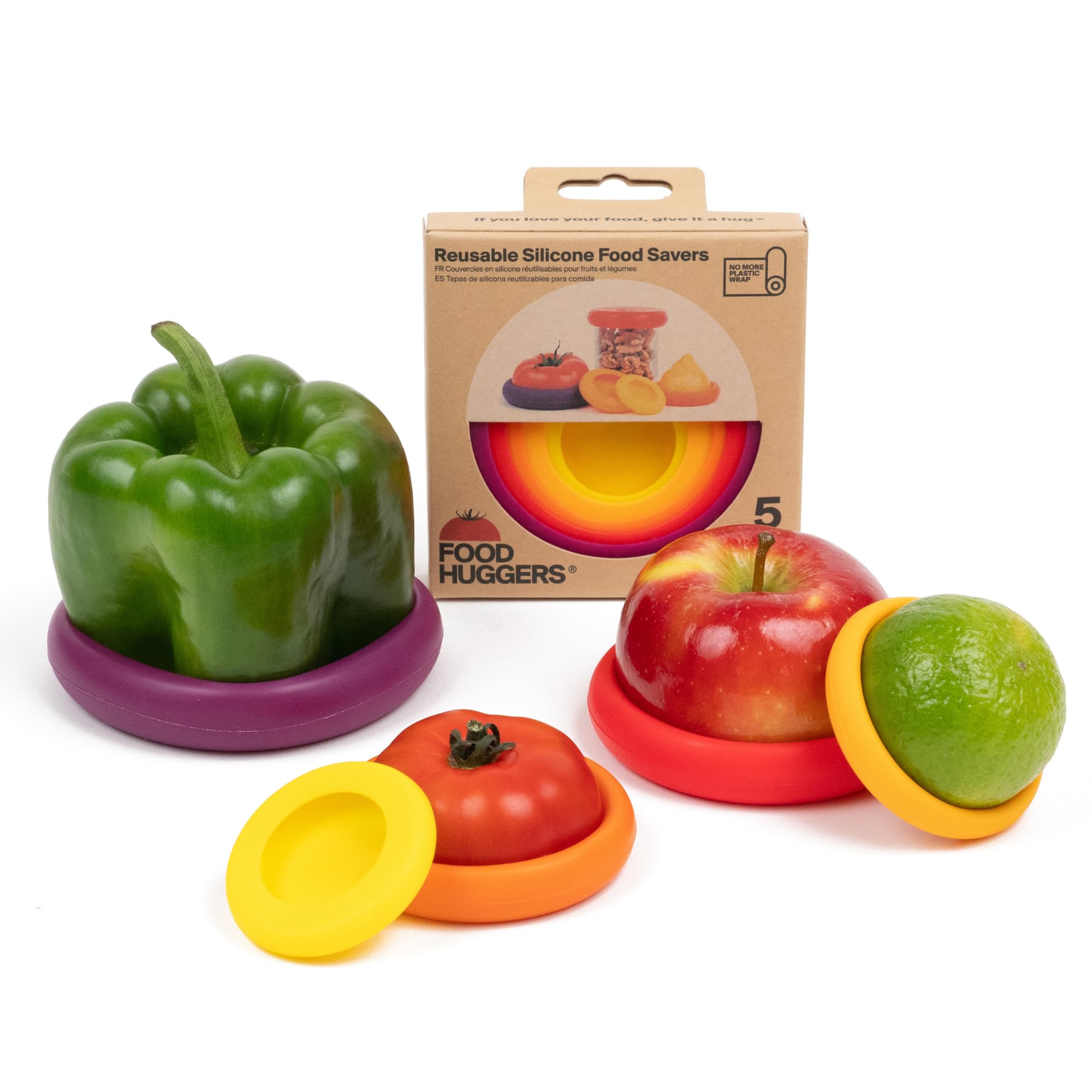 Food Huggers 5pc Reusable Silicone Food Savers | BPA Free & Dishwasher Safe | Fruit & Vegetable Produce Storage for Onion, Tomato, Lemon, Banana, Cans & More | Round, Autumn Harvest