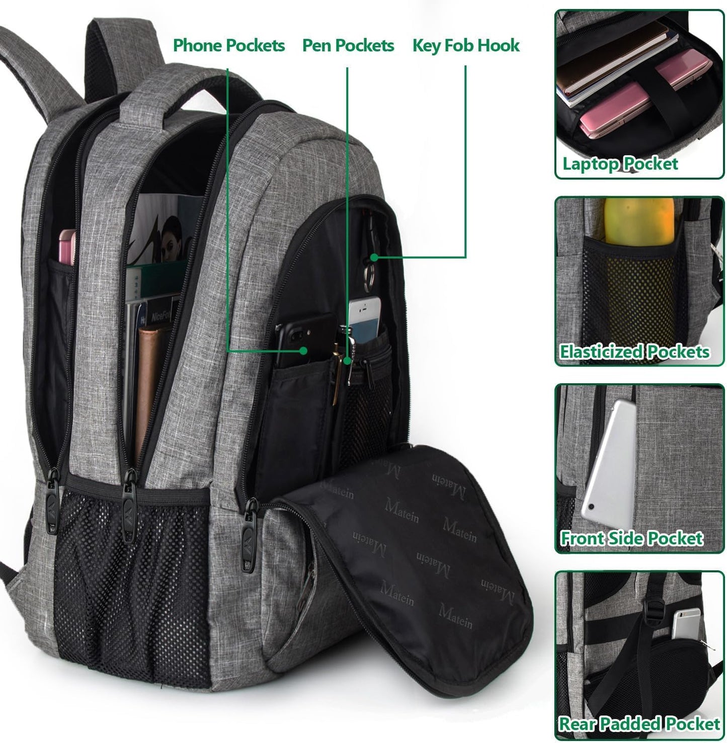 MATEIN Travel Laptop Backpack, Business Anti Theft Slim Sturdy Laptops Backpack with USB Charging Port, Water Resistant College School Computer Bag Gift for Men & Women Fits 15.6 Inch Notebook, Grey