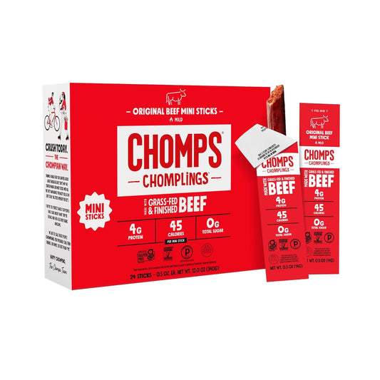 Chomps Snack Size Grass-Fed Original Beef Jerky Snack Sticks 0.5oz 24-Pack - Keto, Paleo, Whole30, 4g Lean Meat Protein, Gluten-Free, Zero Sugar Food, Non-GMO Chomplings