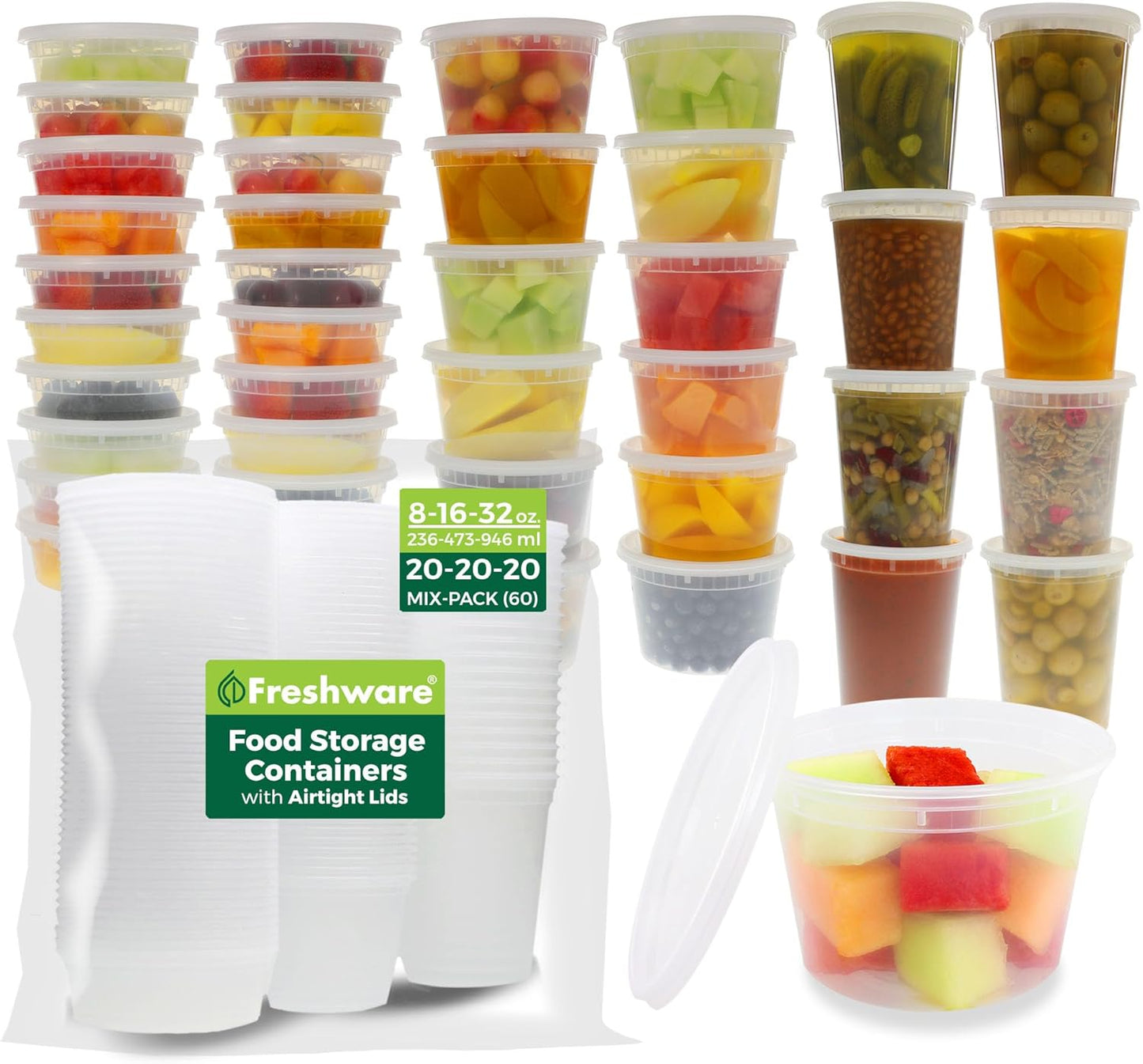 Freshware Food Storage Containers [50 Set] 34 oz Plastic Deli Containers with Lids, Slime, Soup, Meal Prep Containers, BPA Free, Stackable, Leakproof, Microwave, Dishwasher and Freezer Safe
