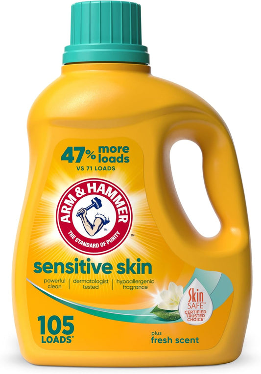 ARM & HAMMER Sensitive Skin Liquid Laundry Detergent, Fresh Scent, 105 fl oz, 105 Loads
